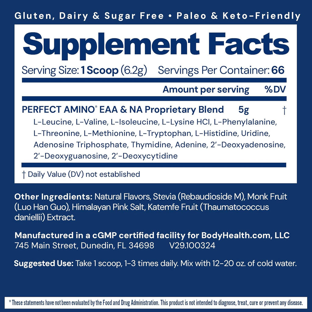 BodyHealth PerfectAmino Powder - BCAA and EAA Powder for Pre and Post Workout - Amino Acid Energy Drink to Support Lean Muscle and Recovery - NSF Certified for Sport - Vanilla - 66 Servings
