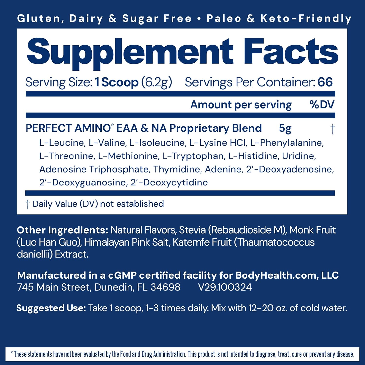 BodyHealth PerfectAmino Powder - BCAA and EAA Powder for Pre and Post Workout - Amino Acid Energy Drink to Support Lean Muscle and Recovery - NSF Certified for Sport - Vanilla - 66 Servings