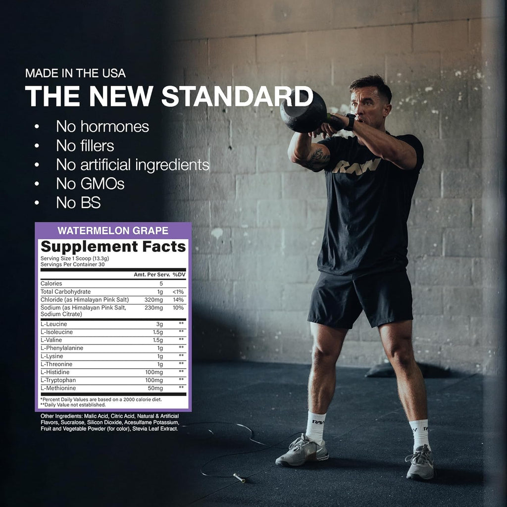 RAW EAA Plus, Amino Acids Powder, Watermelon Grape (30 Servings) - Pre Workout Amino Energy Powder for Advanced Endurance, Recovery & Lean Muscle Growth - BCAA Amino Acids Supplement for Men & Women