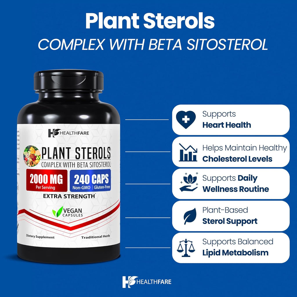 Healthfare Plant Sterols Capsules 2000mg | 240 Vegan Capsules | Beta Sitosterol & Phytosterol Complex | Plant-Based Supplement | Non-GMO & Gluten-Free | Made in The USA (Pack of 2)