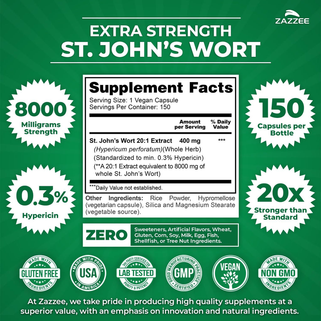 Zazzee Extra Strength St. John’s Wort 20:1 Extract, 8000 mg Strength, 0.3% Hypericin, 150 Vegan Capsules, 5 Month Supply, Concentrated, Standardized 20X Extract, 100% Vegetarian, Non-GMO, All-Natural