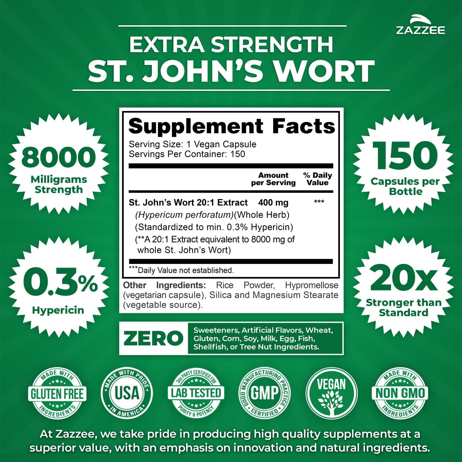 Zazzee Extra Strength St. John’s Wort 20:1 Extract, 8000 mg Strength, 0.3% Hypericin, 150 Vegan Capsules, 5 Month Supply, Concentrated, Standardized 20X Extract, 100% Vegetarian, Non-GMO, All-Natural