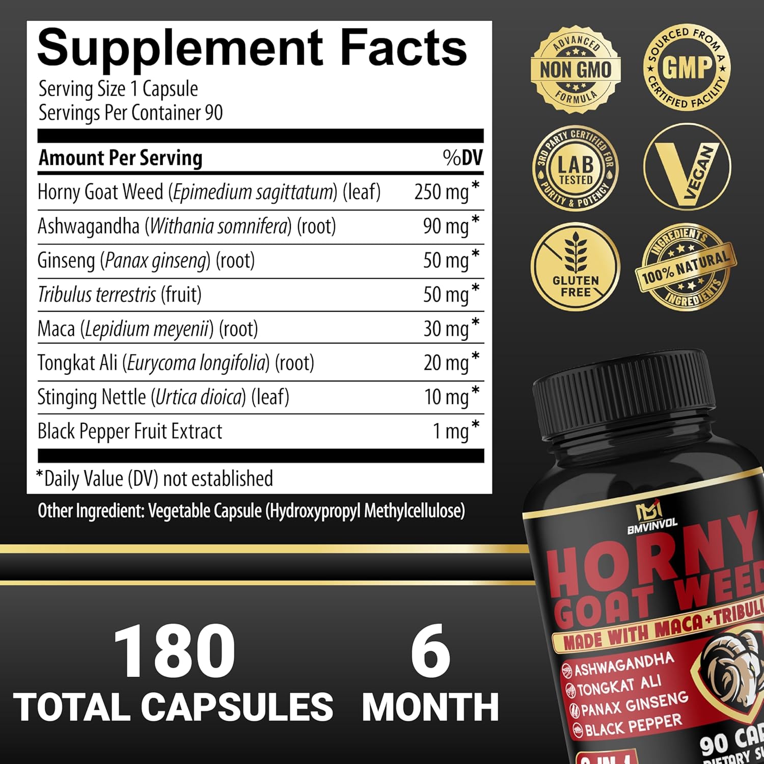 BMVINVOL 2Packs Horny Goat Weed Capsules - 180 Capsules for 6 Month Supply - Maca, Ginseng, Tribulus Terrestris, Ashwagandha