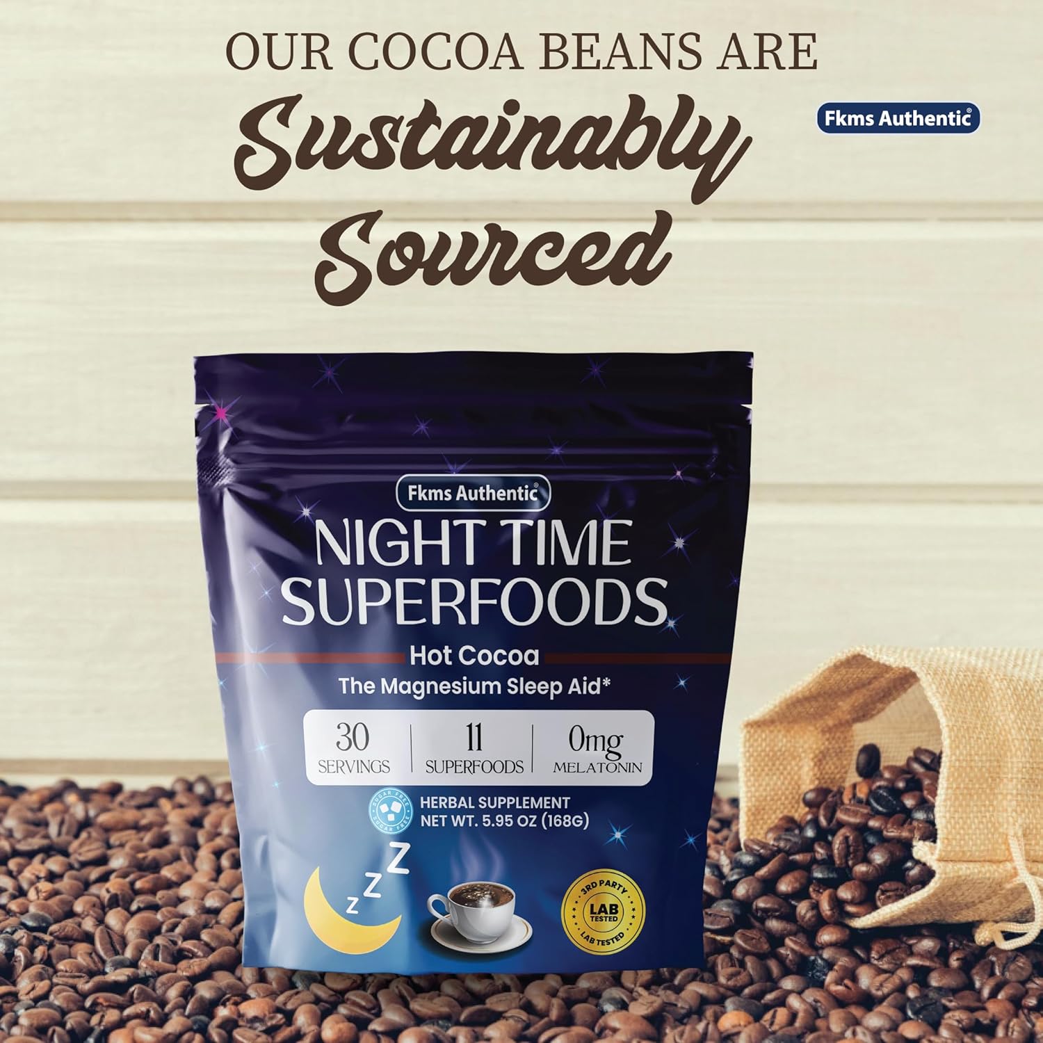 FKMS Authentic Nighttime Magnesium Hot Cocoa, Calming Melatonin-Free Sleep Support, Natural Sleep Aid Drink Mix for men & Woman - Hot Chocolate Powder with L-Theanine, Chamomile and Zinc, Magnesium Glycinate, 5.95 oz