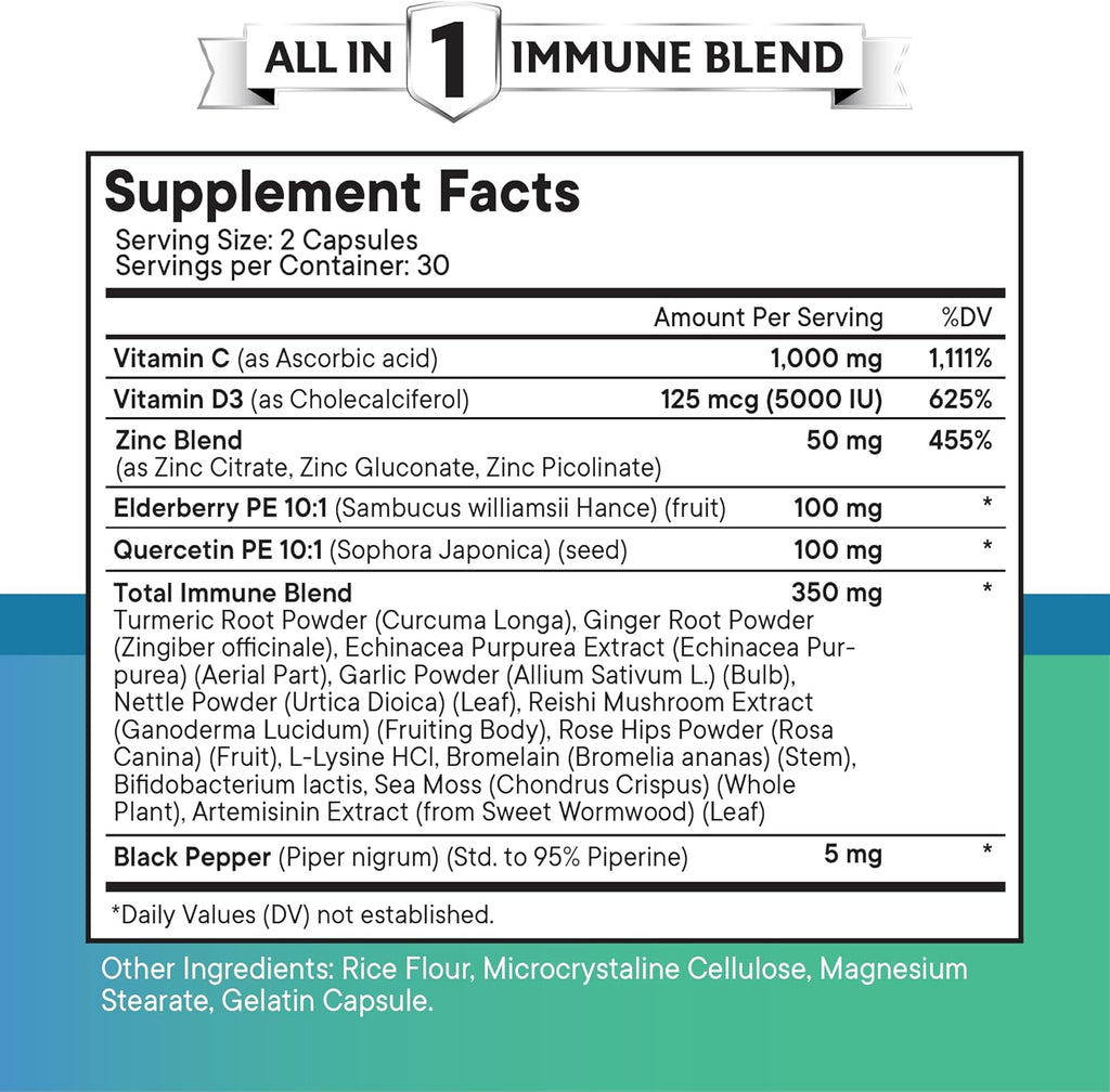 Quercetin Zinc Vitamin C Vitamin D Bromelain Elderberry - Nettle Supplement with Artemisinin, Sea Moss, Echinacea - 60 Count