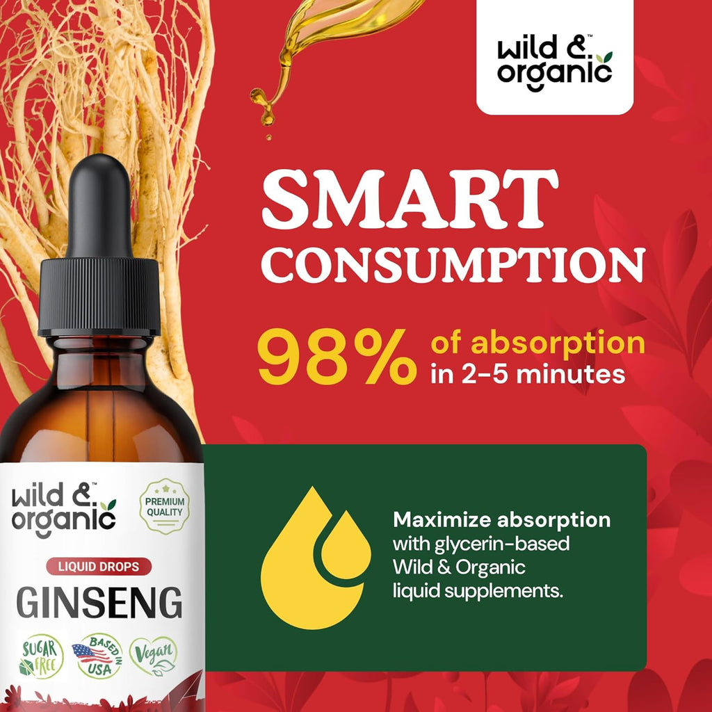 Wild & Organic Korean Red Ginseng Extract Drops - Panax Ginseng Supplement for Immune Support - Liquid Root Tincture for Overall Well-Being - Vegan, Sugar & Alcohol-Free - 2 fl oz