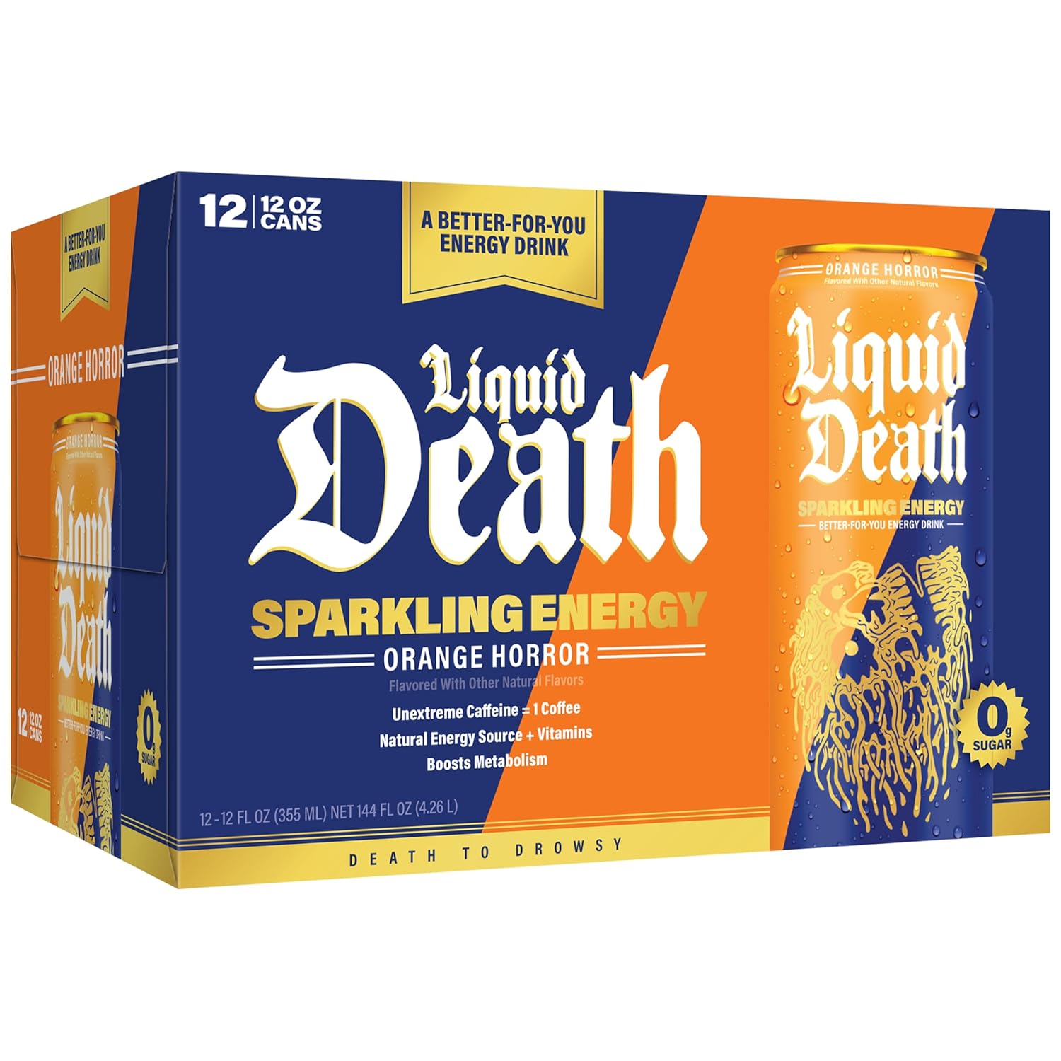 Liquid Death Sparkling Energy - Orange Horror (Orange and Cream Flavor), Sugar-Free Energy Drink, Unextreme Caffeine 100mg, B Vitamins, 12 Fl Oz (Pack of 12)