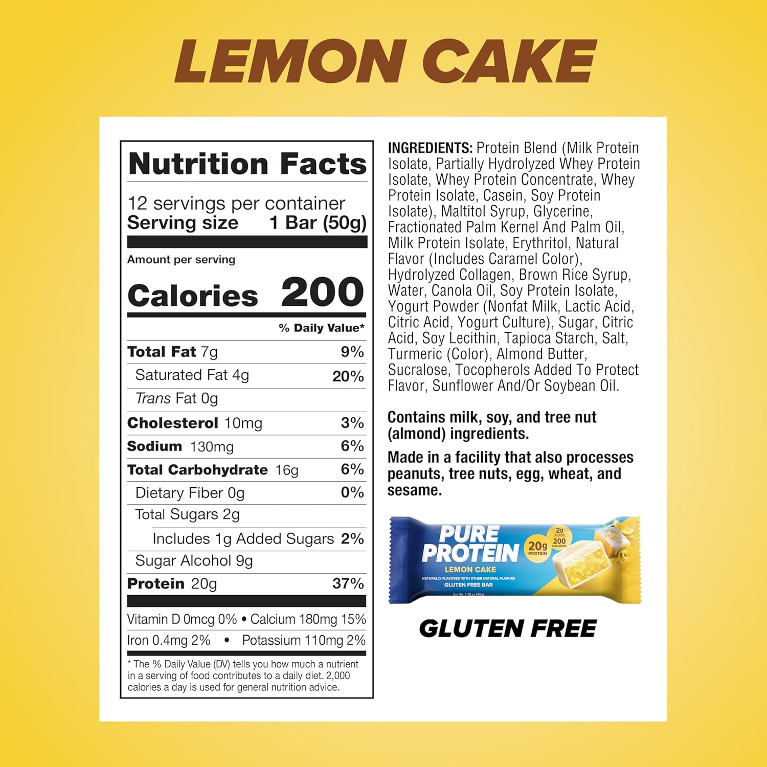 Pure Protein Bars, High Protein, Nutritious Snacks to Support Energy, Low Sugar, Lemon Cake, 1.76 oz, 12 Count (Pack of 1)(Packaging May Vary)