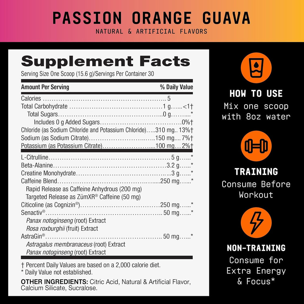 BEYOND RAW LIT V2 Clinical Strength Pre Workout Powder, Hits Harder, Bigger Pumps, Caffeine, L-Citrulline, Creatine, Passion Orange Guava, 30 Servings