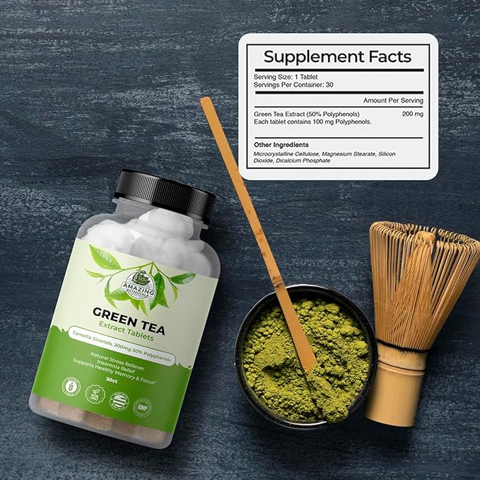 Amazing Botanicals Green Tea Extract Tablets - Camellia Sinensis, 200mg 50% Polyphenols | Daily Wellness Supplement | Non-GMO, Gluten Free - 30 Count