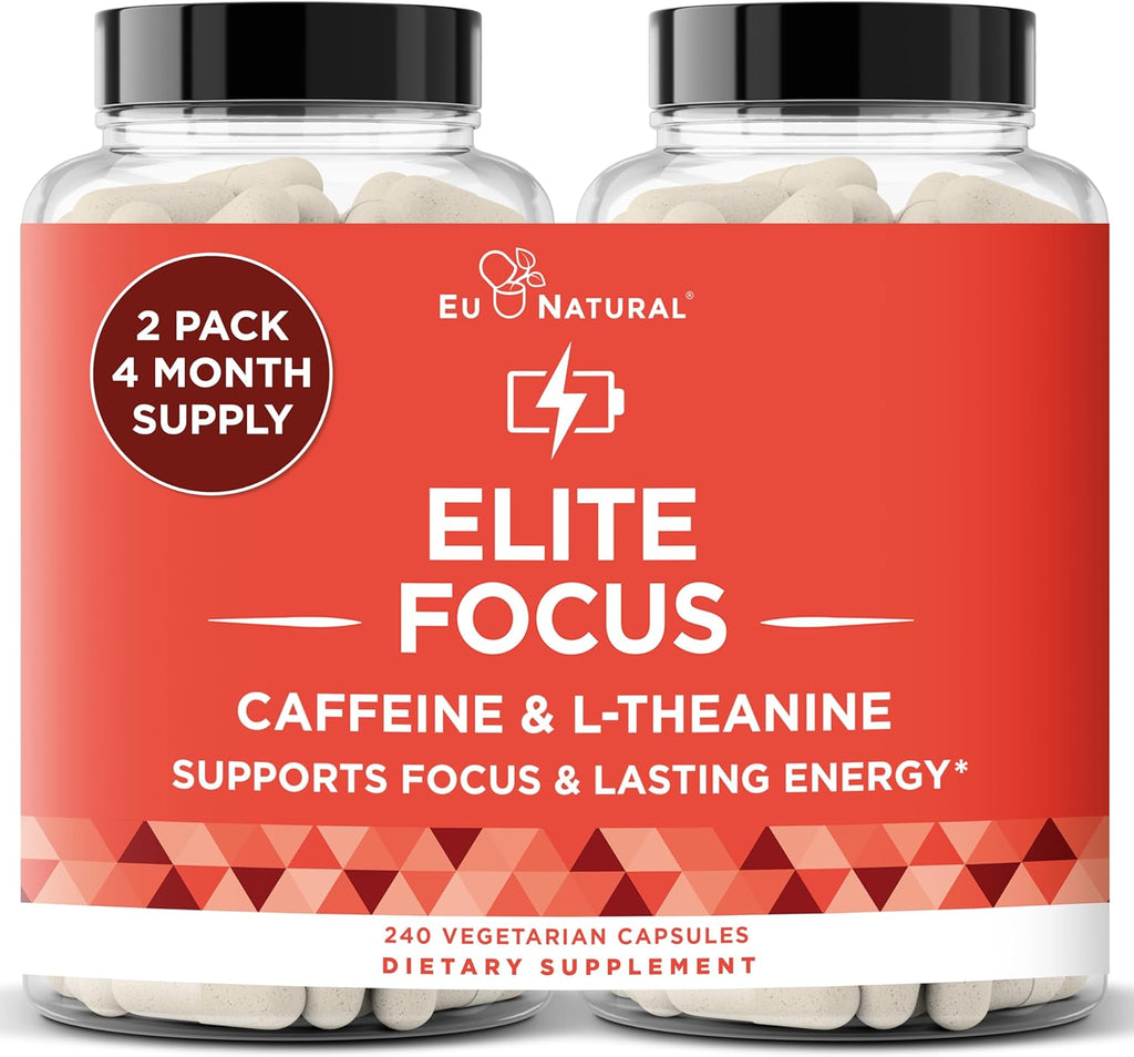 Elite Caffeine Pills with L-Theanine – Jitter-Free Focused Energy Supplements – Clean & Natural Nootropic Stack for Smart Cognitive Performance – 240 Soft Capsules
