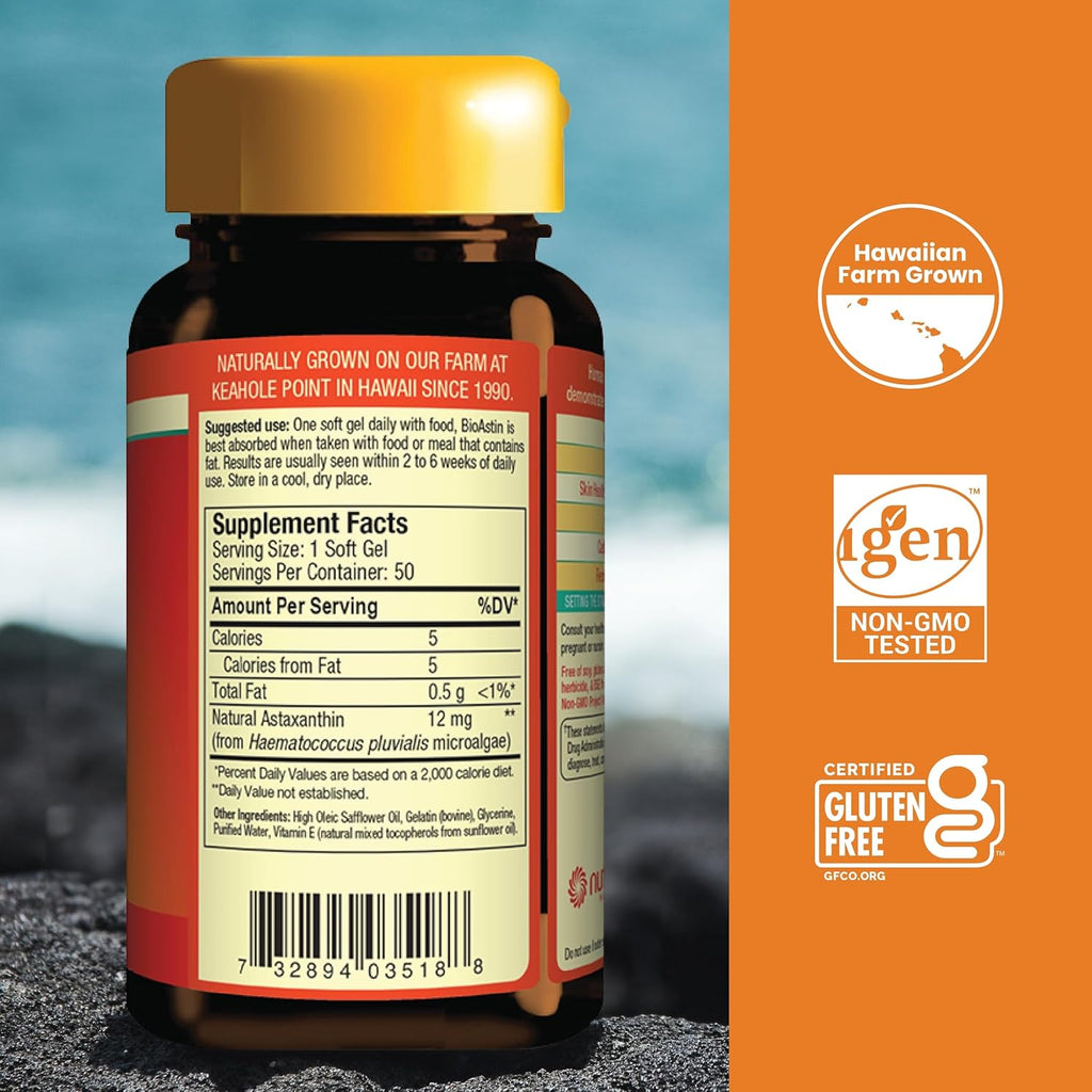 Nutrex Hawaii BioAstin Hawaiian Astaxanthin - 12mg, 50 Softgels - Farm-Direct Premium Antioxidant Supplement to Support Eye, Skin, Joint & Immune System Health - Non-GMO & Gluten-Free
