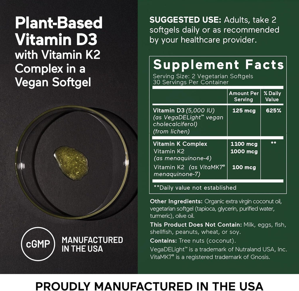 SMARTERNUTRITION Vegan Vitamin D3 5000 IU + Natural Vitamin K2 1100 mcg in Organic Coconut & Olive Oil - D3 K2 Supplement for Immune & Bone Support - 360 Softgels[180 Day Supply]