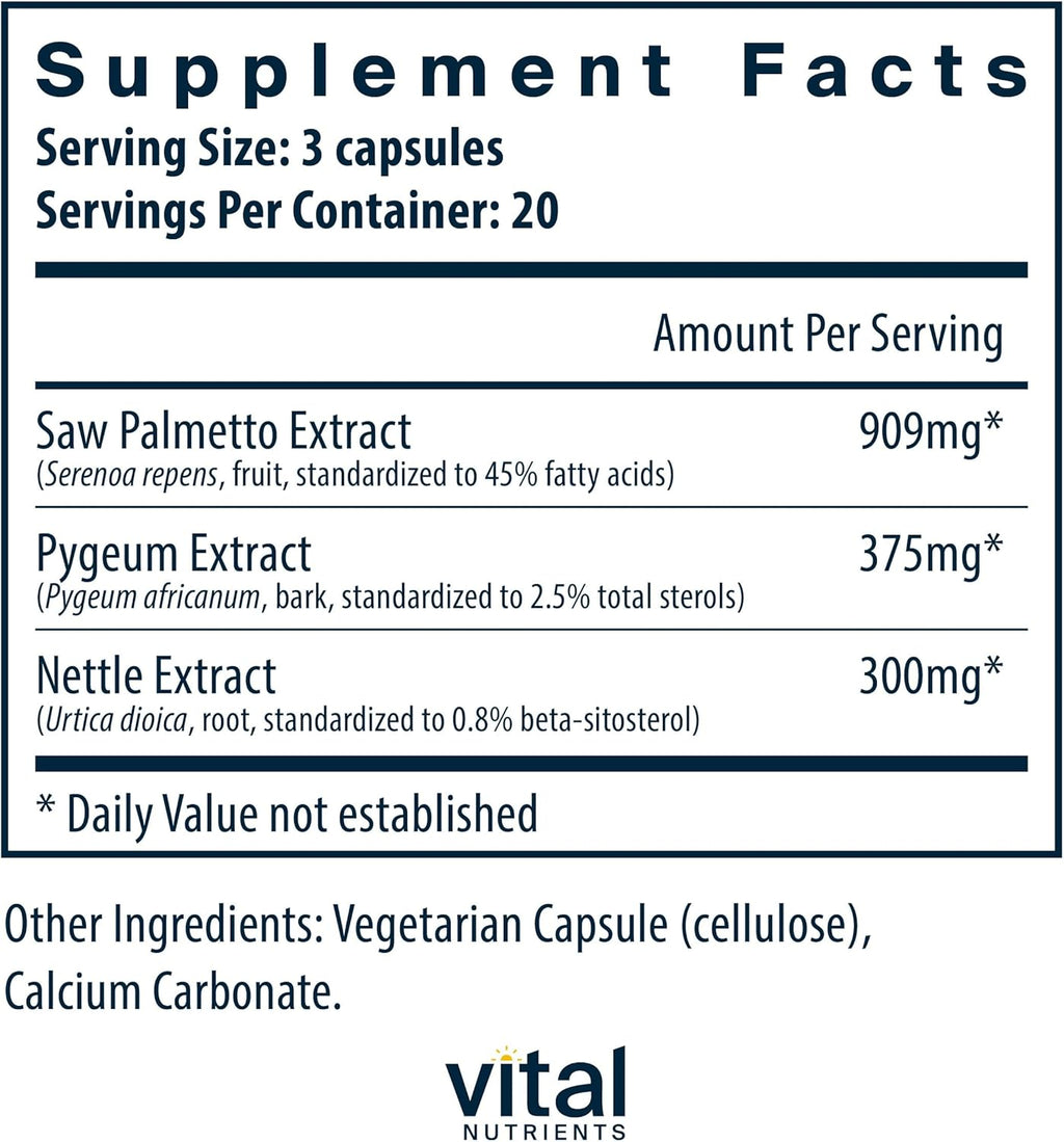 Vital Nutrients Saw Palmetto with Pygeum & Nettle Root - Vegan Saw Palmetto for Men Supports Healthy Prostate Function* - Gluten, Dairy, Soy Free - 60 Capsules