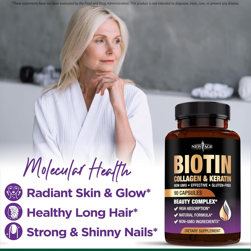 NEW AGE Biotin Collagen Keratin Hyaluronic Acid - 50,000mcg Hair Growth Vitamins for Men and Women, Nails, Hair, Skin Vitamins and DHT Blocker with Vitamin E Folic Acid Pumpkin Seed MSM - 90 Count
