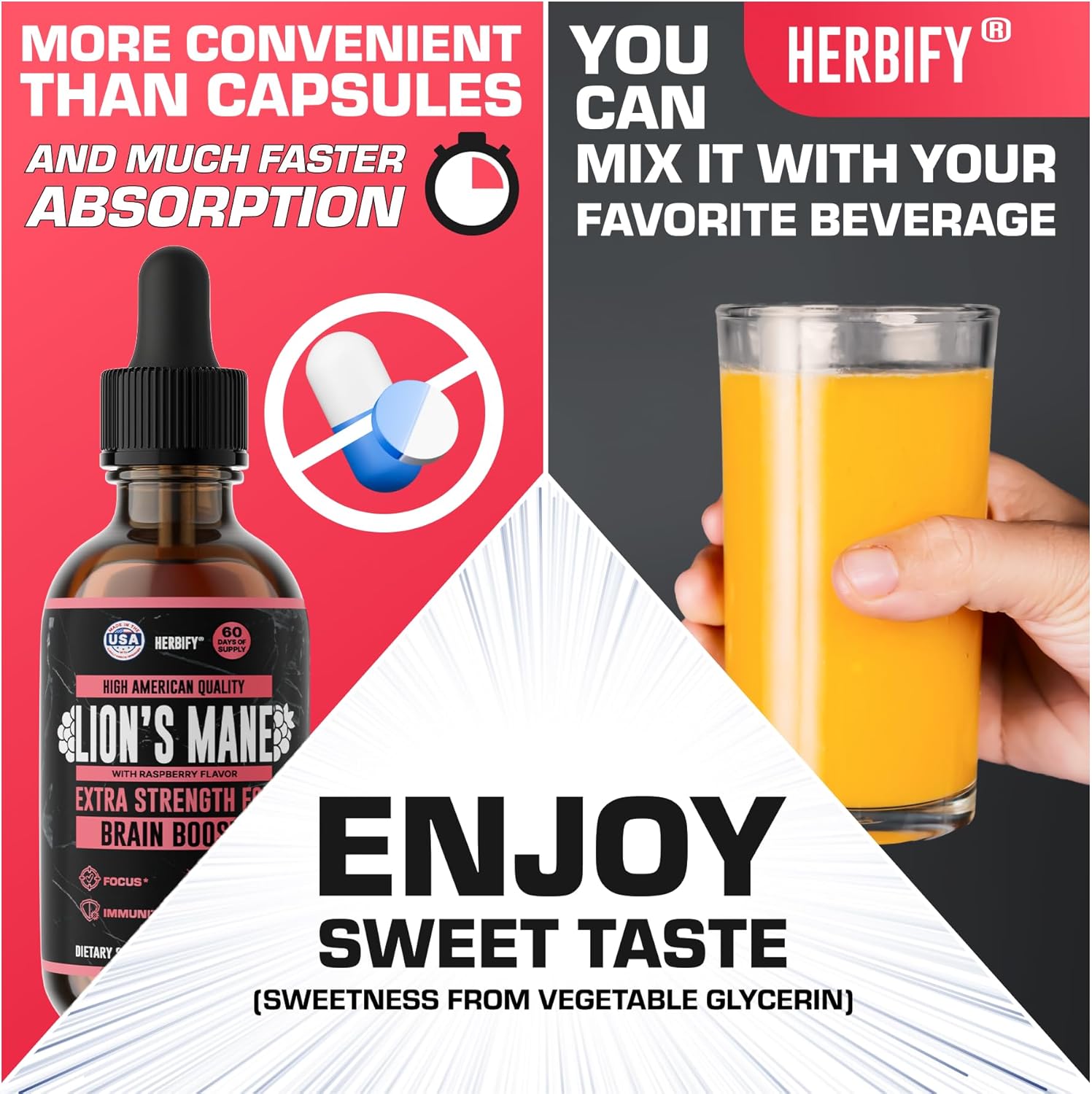HERBIFY Lions Mane Supplement - Daily Mushroom Supplement for Memory, Focus & Clarity - Brain Booster - Lions Mane Tincture for Natural Immune Support - 4 Fl Oz Raspberry Flavor