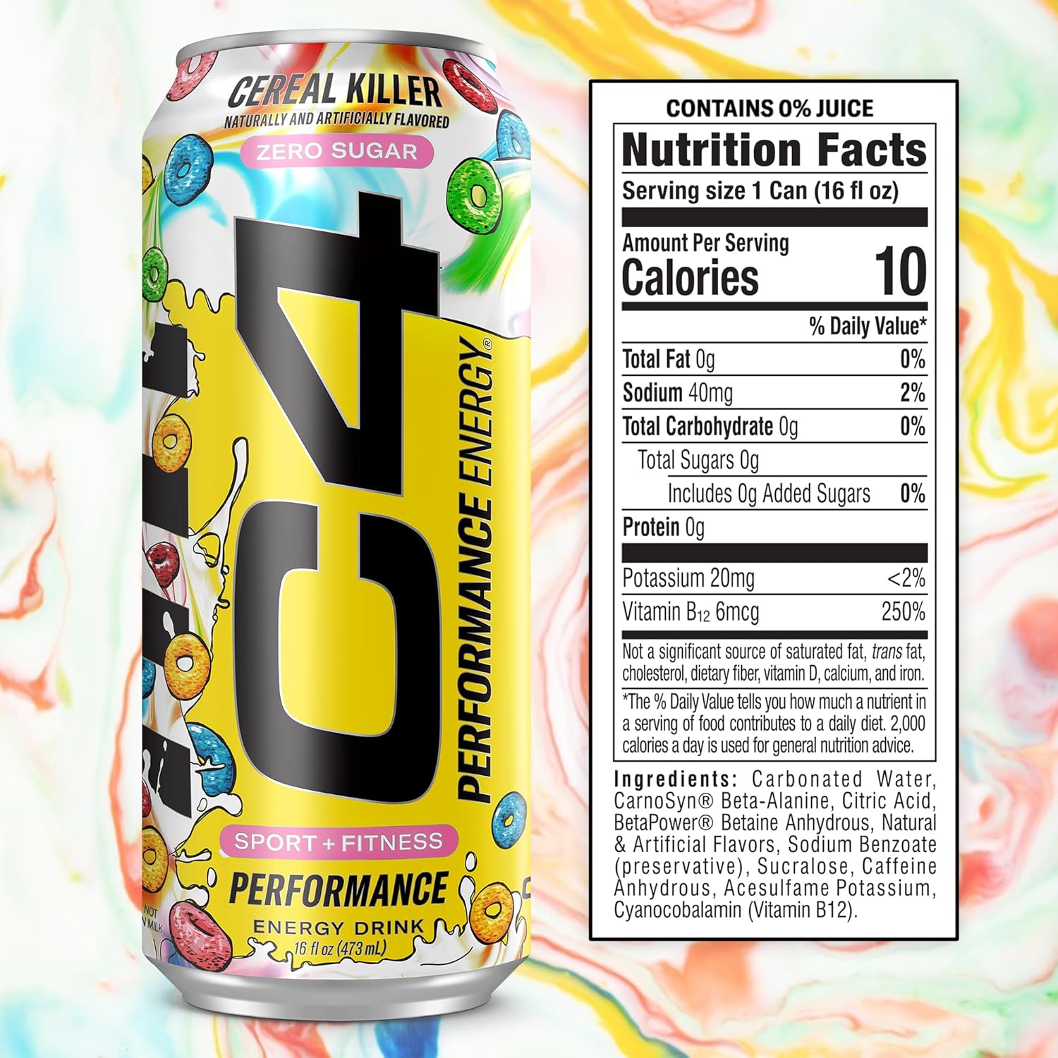 C4 Energy Carbonated Zero Sugar Energy Drink, Pre Workout Drink + Beta Alanine, Cereal Killer, 16 Fl Oz (Pack of 12)