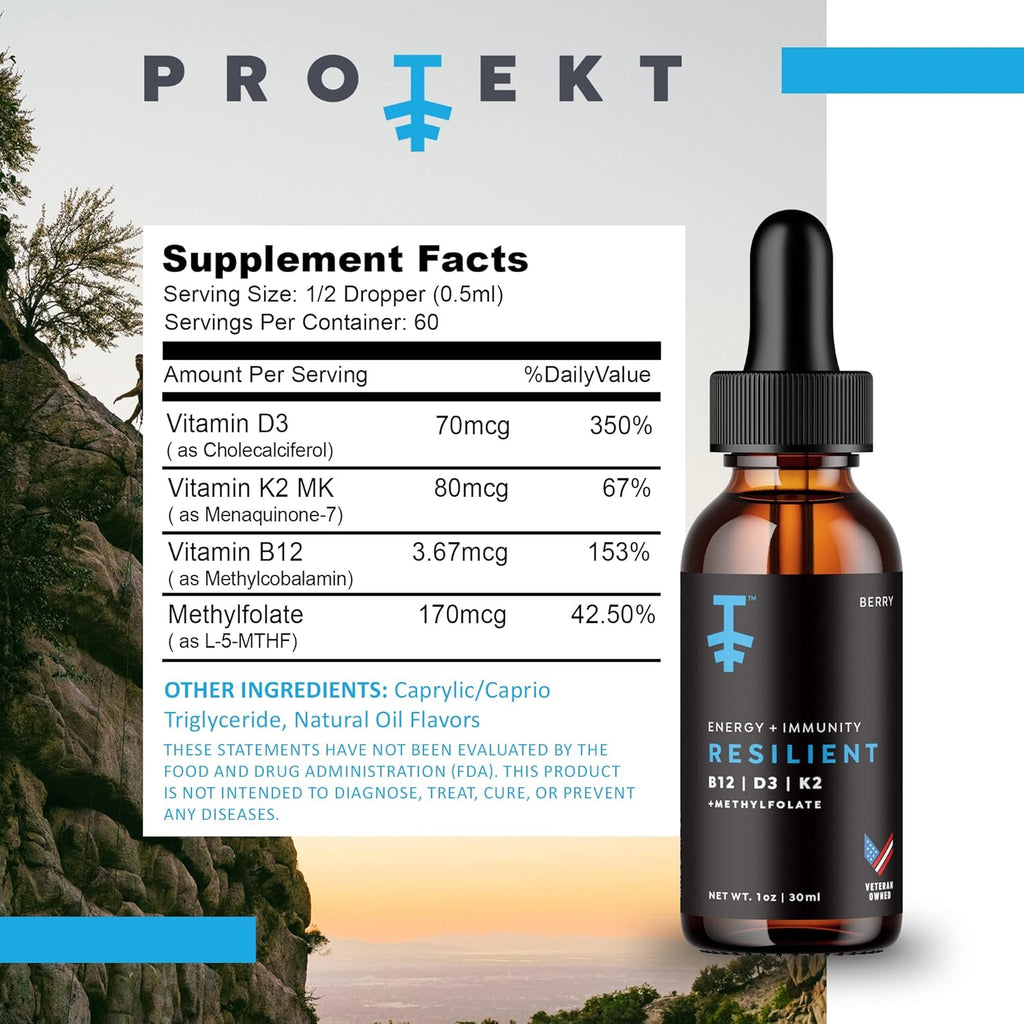 Resilient Vitamin D3 K2 B12 Drops - Liquid B12 K2 D3 Vitamin Supplement with Methylfolate, Liquid Drops for Energy & Recovery, Methy Folate for Sleep & Mood - Natural Berry 30mL