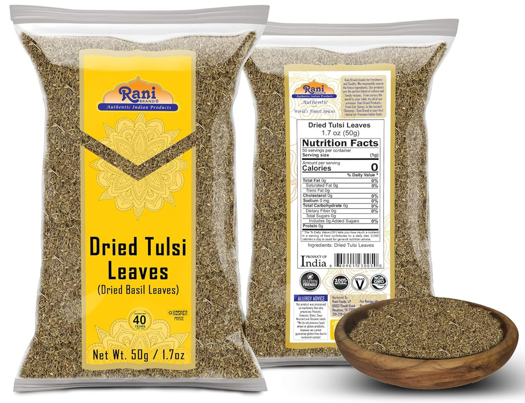 Rani Dried Tulsi (Indian Basil, Holy Basil) Leaves 1.75oz (50g) Used for Beverages & Ayurveda Herbal ~ All Natural | Vegan | Gluten Friendly | Non-GMO | Indian Origin