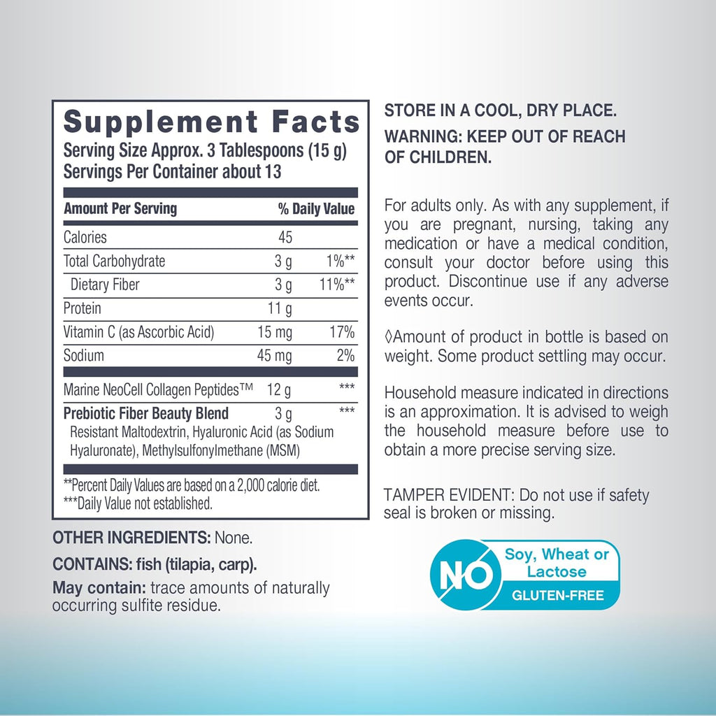 Neocell Marine Collagen with Hyaluronic Acid, MSM and Vitamin C, Keto Collagen Supplements, for Skin Care and Joint Health, Unflavored, Powder, 7 oz, 1 Canister