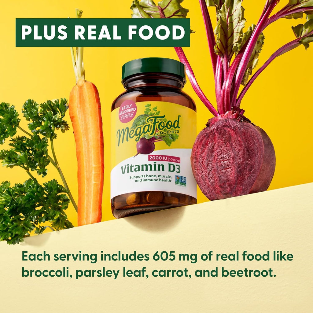MegaFood Vitamin D3 2000 IU (50 mcg) - Vitamin D Supplements with Real Food, Immune Support, Supports Bones, Teeth & Muscles, Vegetarian, Certified Non-GMO, Kosher – 60 Tablets, 60 Servings