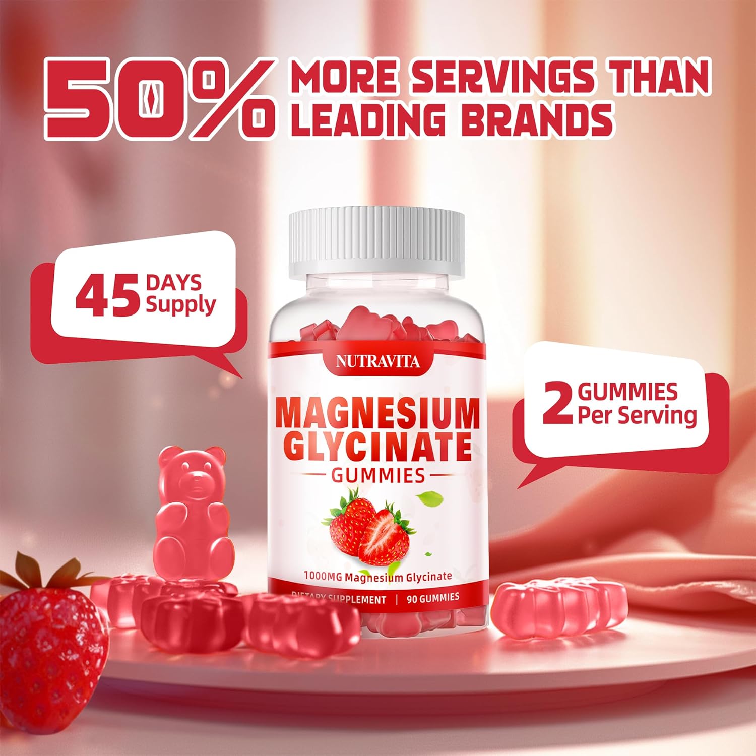 Magnesium Glycinate Gummies 1000mg with Magnesium L-Threonate,Chelated Magnesium Potassium Complex Supplement with VitD, B6, CoQ10, Calcium,Supports for Memory, Calm, Mood - 90 Gummies Strawberry