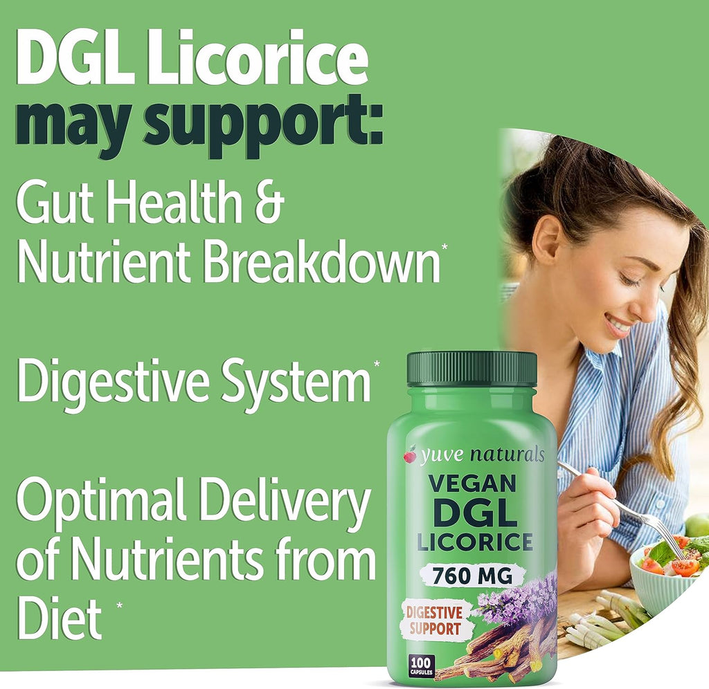 Yuve Vegan DGL Licorice 760mg - Ultra Pure Deglycyrrhizinated Licorice Root Capsules Supplement - Support Stomach, Gut & Intestinal Relief - Natural Acid Reflux Formula - Non-GMO & Gluten Free - 100ct