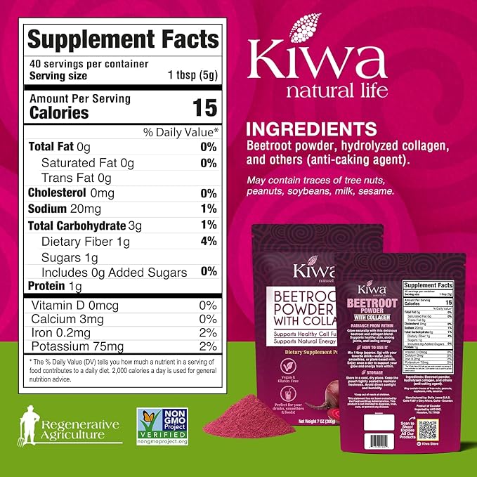 Kiwa Beetroot Powder with Collagen 2-Pack – Vegan, Gluten-Free Dietary Supplement – Supports Natural Energy & Healthy Cell Function – 7oz Bags