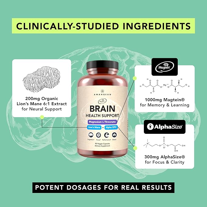 AMANDEAN Nootropic Brain Supplements for Memory and Focus, Improves Mental Clarity and Cognitive Function, Magnesium L-Threonate (Magtein), Lions Mane and Alpha GPC - (90 Veggie Capsules)