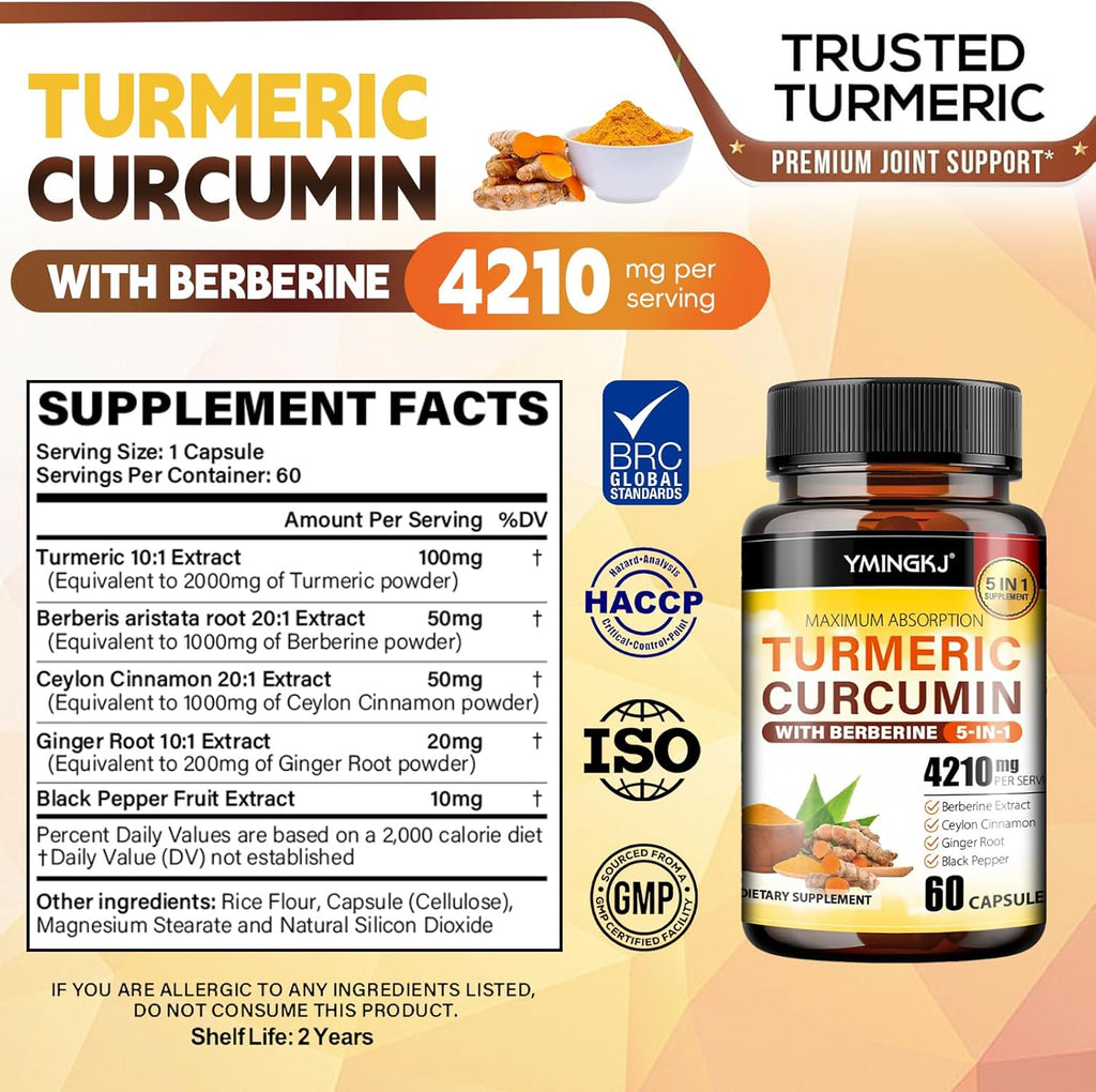Turmeric Curcumin Supplement with Black Pepper & Bioactive Botanicals, Turmeric,Ginger,Berberine,Ceylon Cinnamon, – Premium Organic Supplement for Daily Wellness Support 60 Capsules 2 Pack