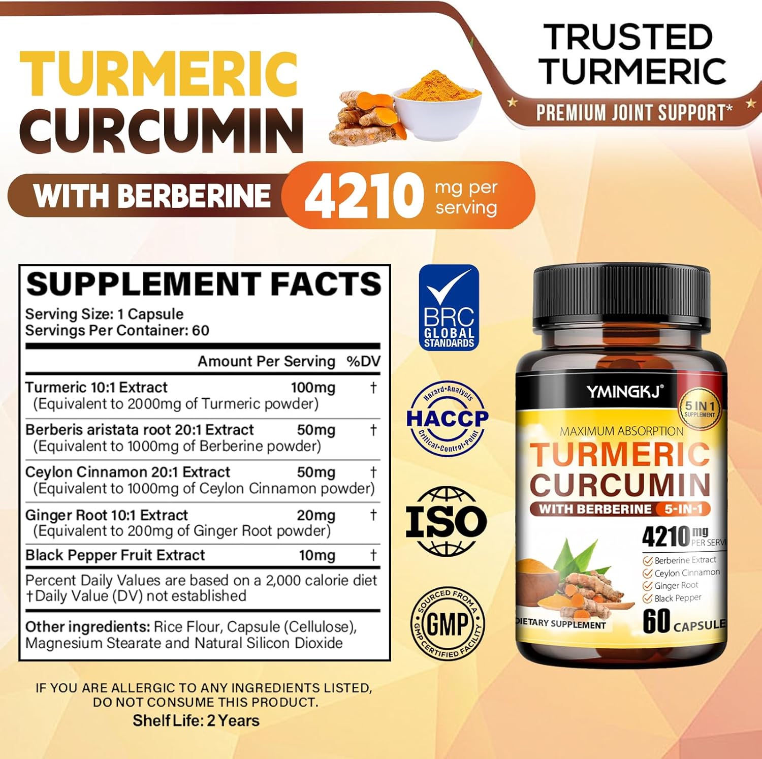 Turmeric Curcumin Supplement with Black Pepper & Bioactive Botanicals, Turmeric,Ginger,Berberine,Ceylon Cinnamon, – Premium Organic Supplement for Daily Wellness Support 60 Capsules 2 Pack