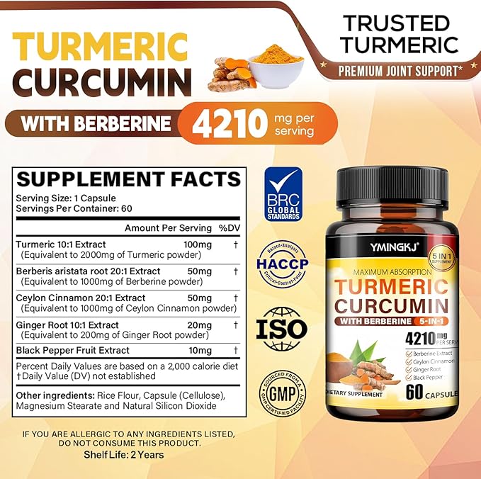 Turmeric Curcumin Supplement with Black Pepper & Bioactive Botanicals, Turmeric,Ginger,Berberine,Ceylon Cinnamon, – Premium Organic Supplement for Daily Wellness Support 60 Capsules