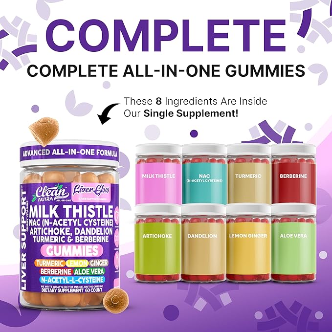 Clean Nutra Milk Thistle NAC Supplement N Acetyl Cysteine Artichoke Dandelion Root Turmeric Berberine Ginger Curcumin Gut Health Metabolism Detox & Cleanse 60 Gummies