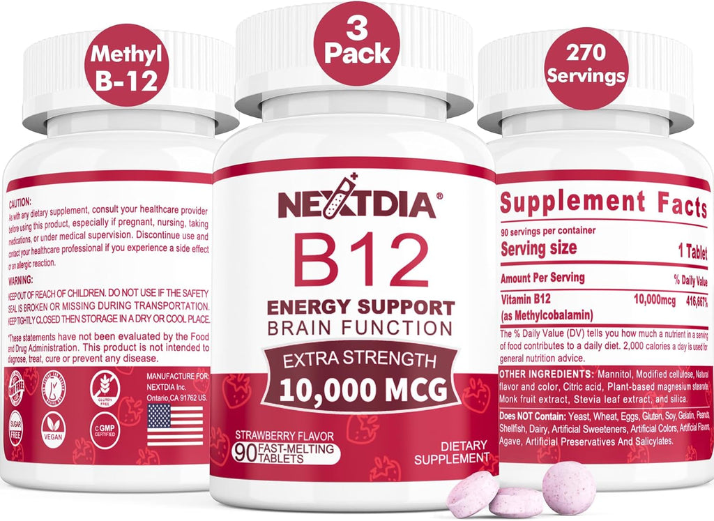 B12 Vitamins 10,000 mcg, Methylated Vitamin B12 Sublingual - Energy Boost, Focus, Metabolism & Brain Health Support, Immune System Support, Fast Dissolve, Natural Strawberry Flavor, 270 Servings