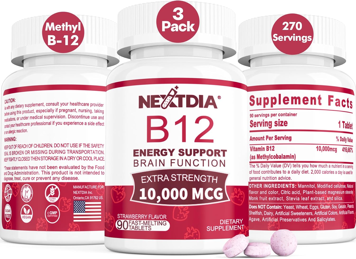 B12 Vitamins 10,000 mcg, Methylated Vitamin B12 Sublingual - Energy Boost, Focus, Metabolism & Brain Health Support, Immune System Support, Fast Dissolve, Natural Strawberry Flavor, 270 Servings