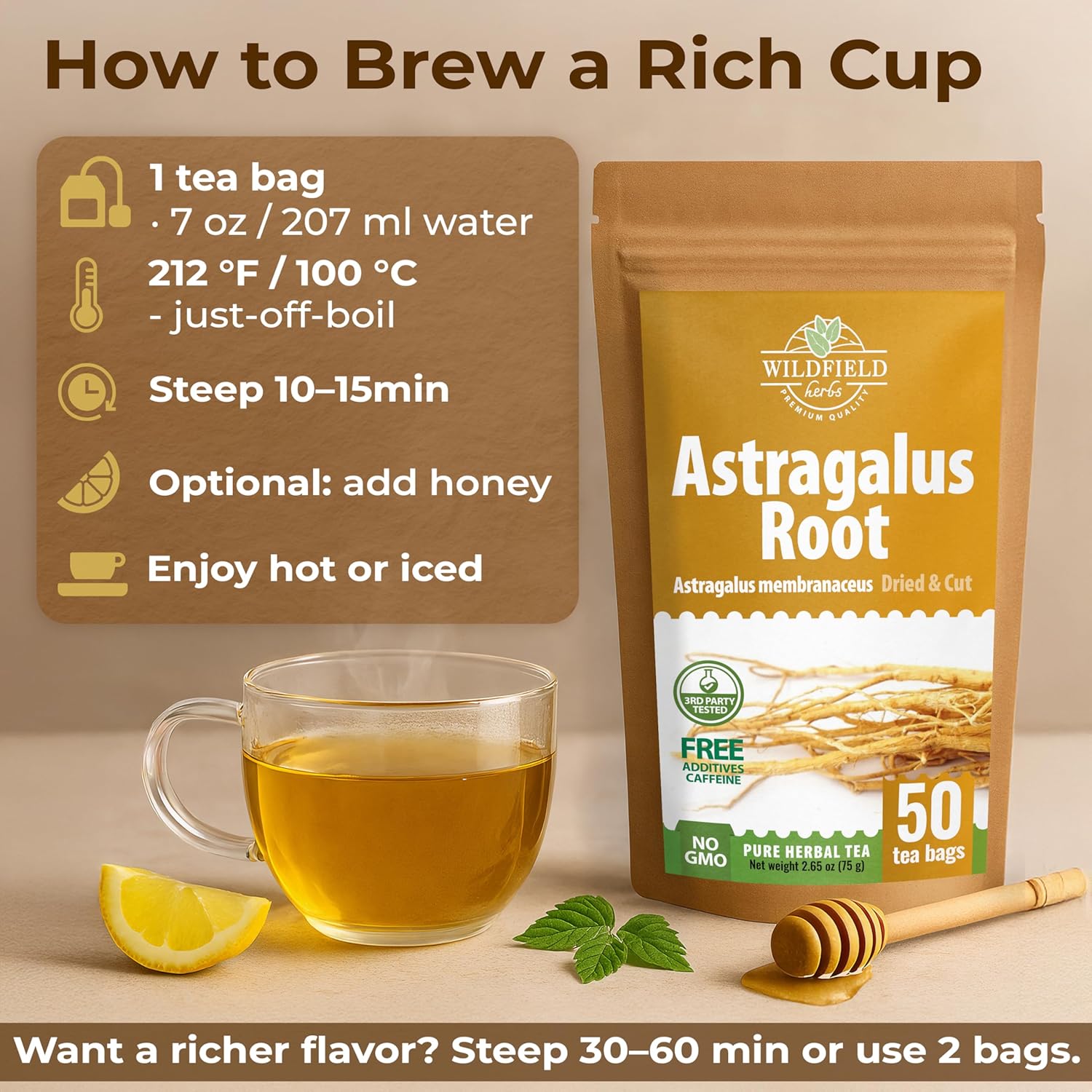 WILDFIELD HERBS 50 Bags Astragalus Root Herbal Tea – 50 Tea Bags 1.5g Astragalus Root Huang Qi