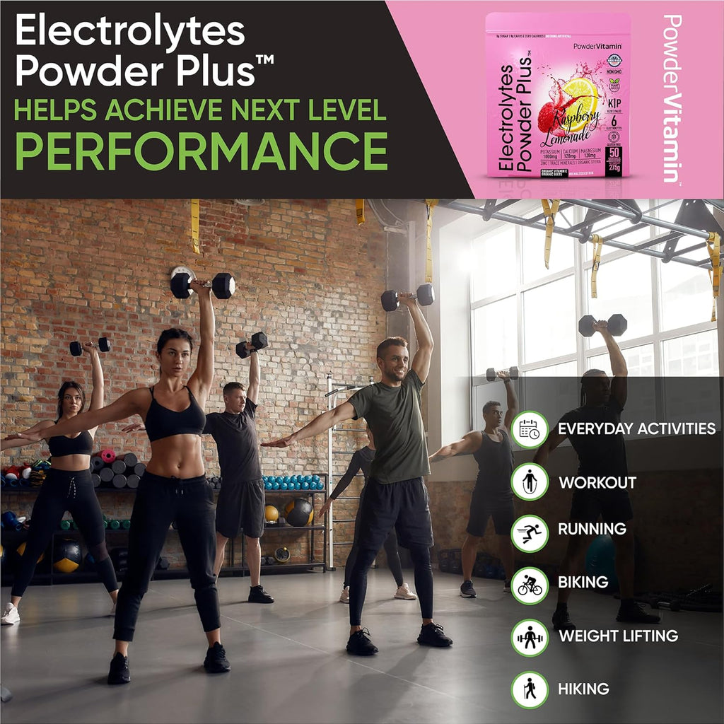 PowderVitamin Electrolytes Powder Plus (50 Servings) Raspberry Lemonade Electrolyte Powder Zero Calorie Keto, 0 Sugar, No Maltodextrin,1000mg Potassium,120mg Calcium,120mg Magnesium, Hydration Powder