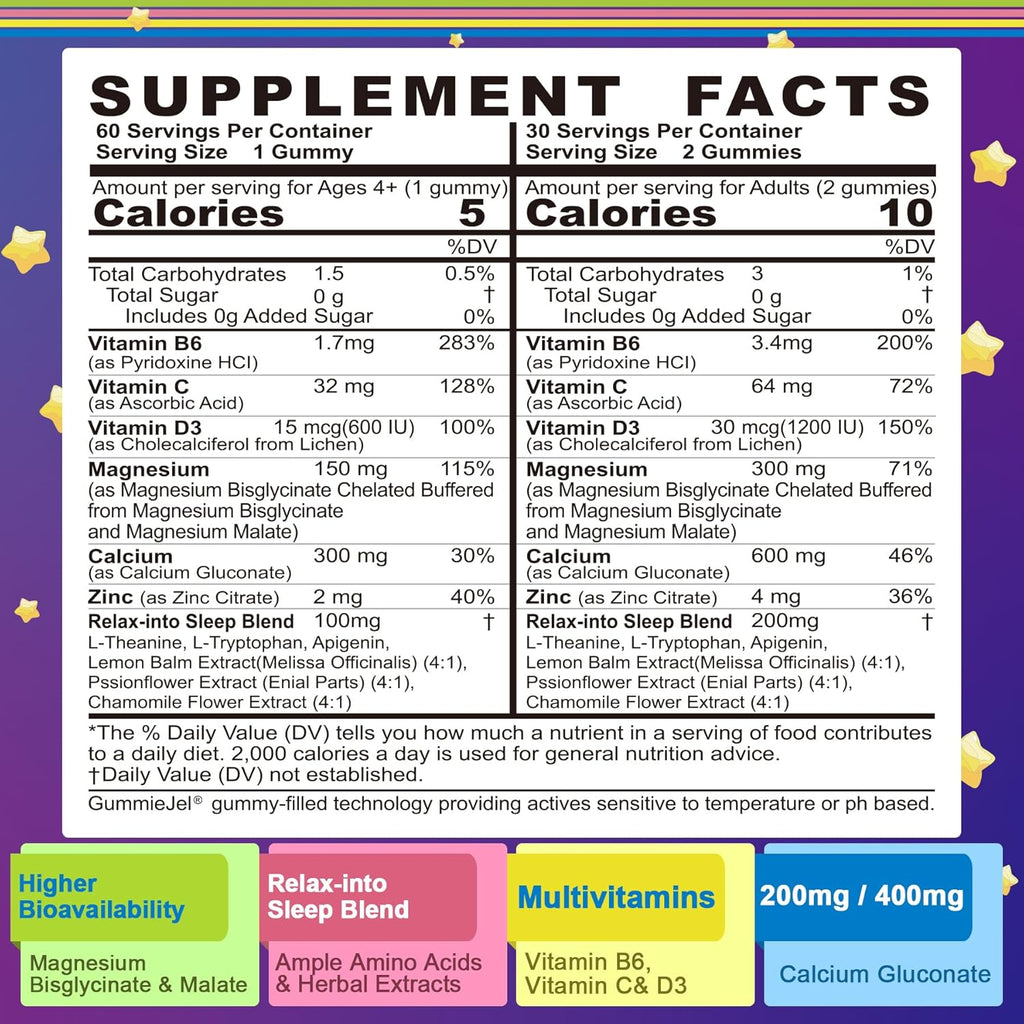 Neviss Magnesium Glycinate + Calcium Filled Gummies for Adults and Kids 4+, Kids Sleep Gummies Melatonin Free, No Sugar Magnesium Supplement w/B6 D3, L-Theanine for Zzz Relax, Brain,Bone,Muscle 2Pack