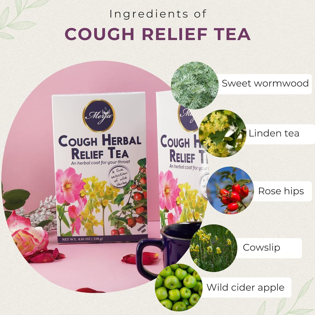 Merja Herbs Cough Relief Herbal Tea [250g] Caffeine-Free Tea for Cough & Cold Relief, Sore Throat & Cough Support | Mediterranean Loose Tea | Herbal Teas & Beverages, Pack of 1