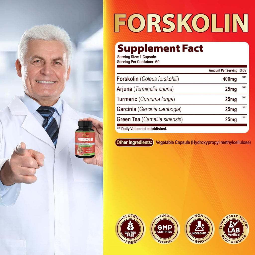 Organic Forskolin Supplements Capsules with Turmeric Curcumin, Arjuna, Garcinia Cambogia, Green Tea - 60 Capsules