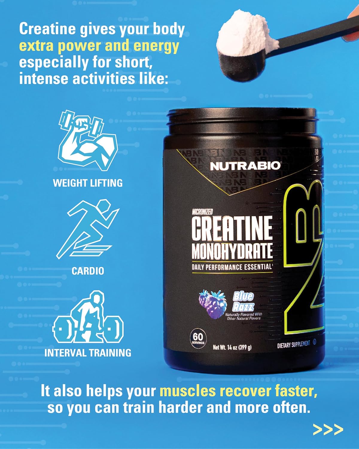 NutraBio Pure Micronized Creatine Monohydrate Powder Supplement, Blue Razz Burst(300 g) - Supports Bulk Muscle Energy, Recovery, and Strength - HPLC Tested Creatine Powder Supplement for Men and Women