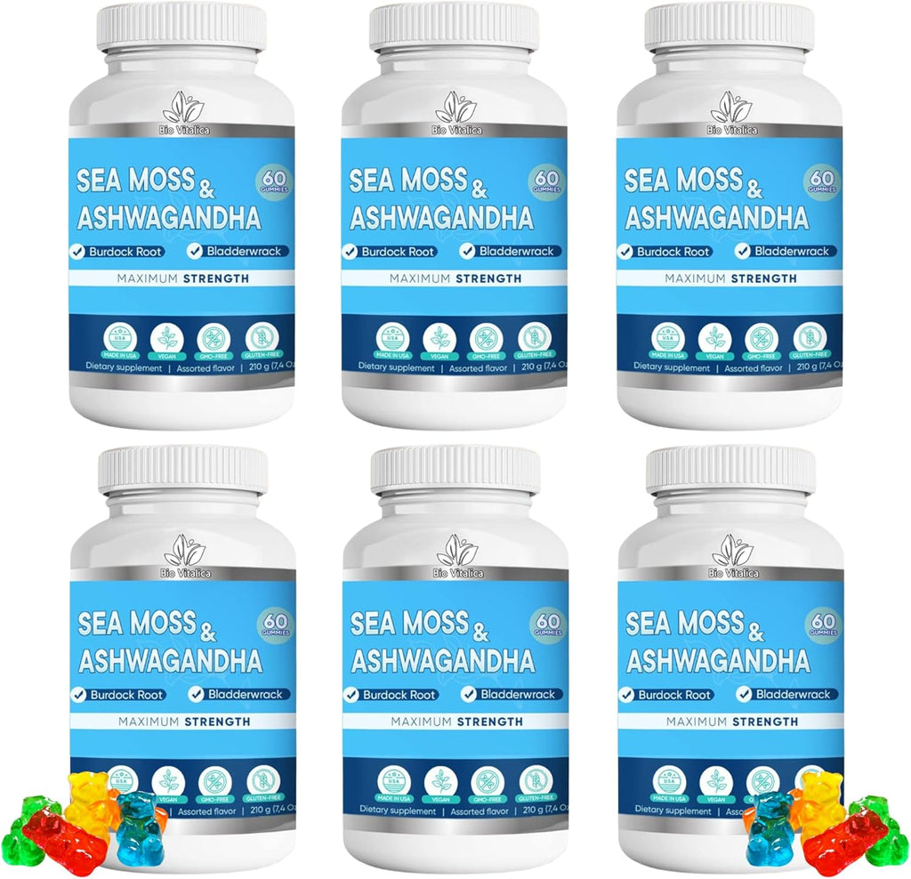 BIO VITALICA Sea Moss Ashwagandha Gummies - Organic Irish Seamoss & Ashwa Root Powder Supplements for Supporting Energy & Immunity for Men and Women - 6 Packs