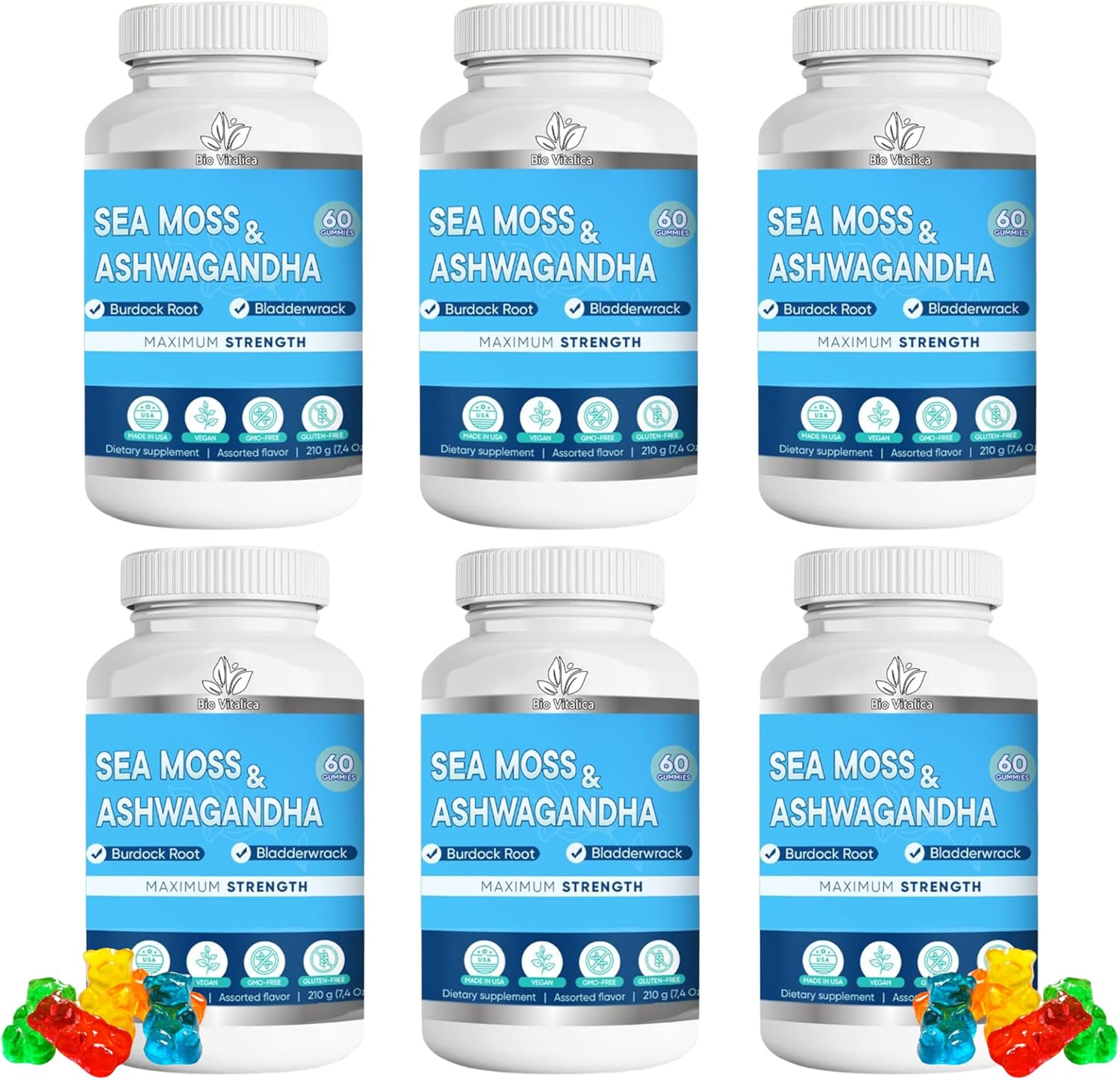 BIO VITALICA Sea Moss Ashwagandha Gummies - Organic Irish Seamoss & Ashwa Root Powder Supplements for Supporting Energy & Immunity for Men and Women - 6 Packs