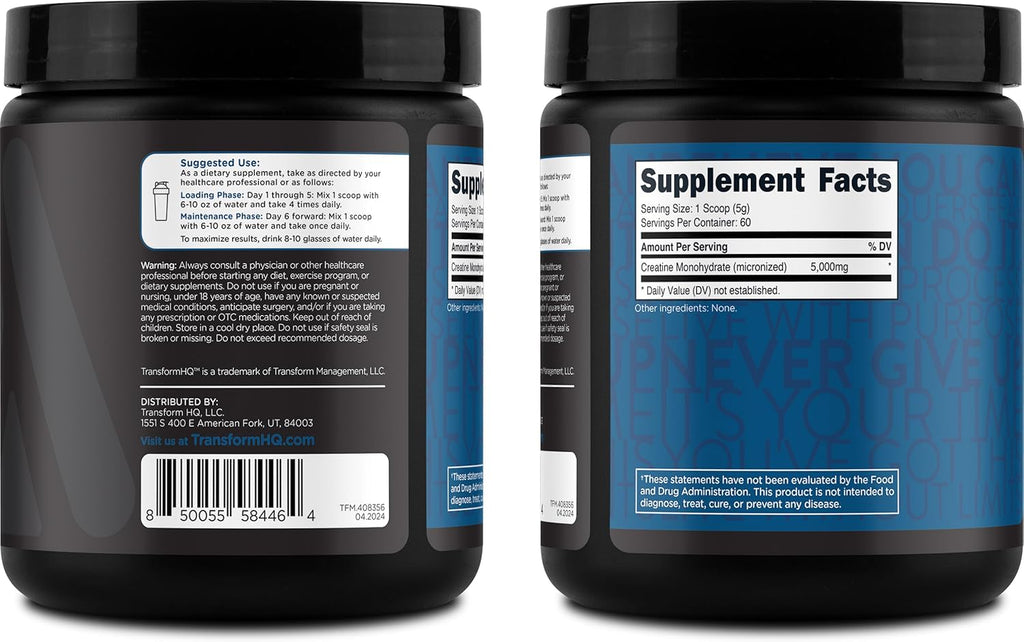 TransformHQ Creatine Monohydrate Powder (60 Servings) Unflavored - 5000mg Per Serving