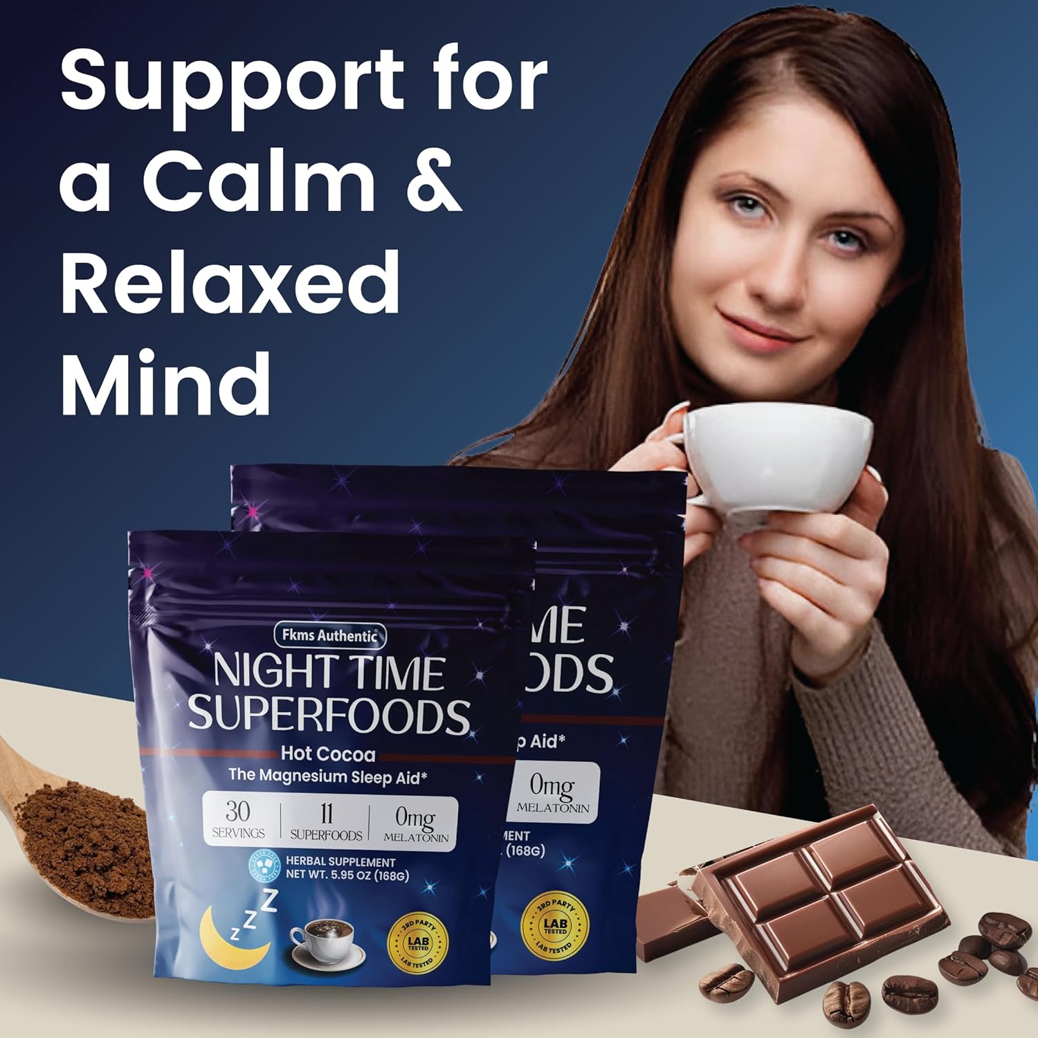 FKMS Authentic Nighttime Magnesium Hot Cocoa, Calming Melatonin-Free Sleep Support, Natural Sleep Aid Drink Mix for men & Woman - Hot Chocolate Powder with L-Theanine, Chamomile and Zinc, Magnesium Glycinate, 5.95 oz