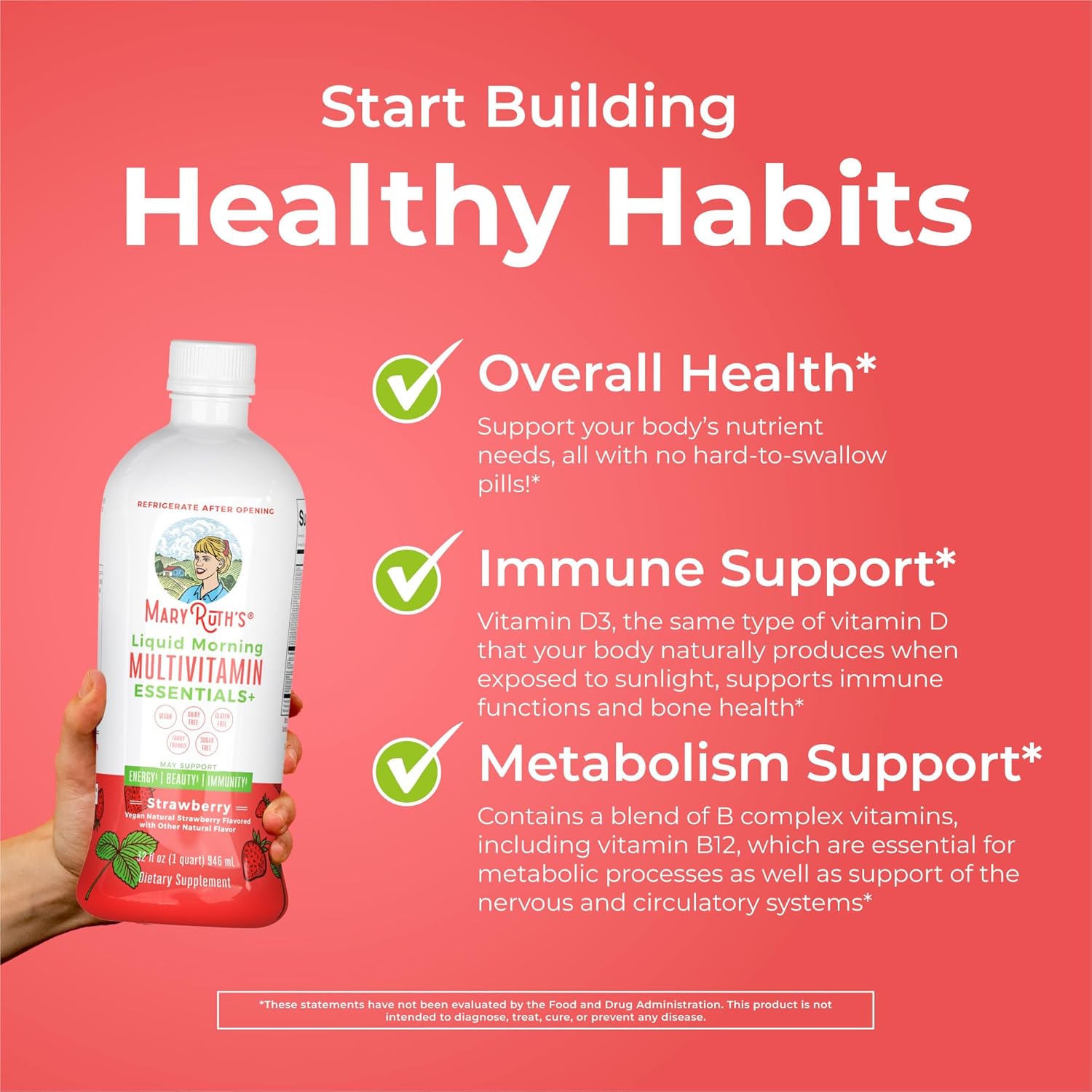 MaryRuth Organics Liquid Morning Multivitamin Essentials+ | Vitamin A C D E B6 B12 Biotin Zinc | Men's & Women's | Immune Support | Beauty | Sugar Free | Vitamins for Ages 1+ | Vegan | 32 Fl Oz