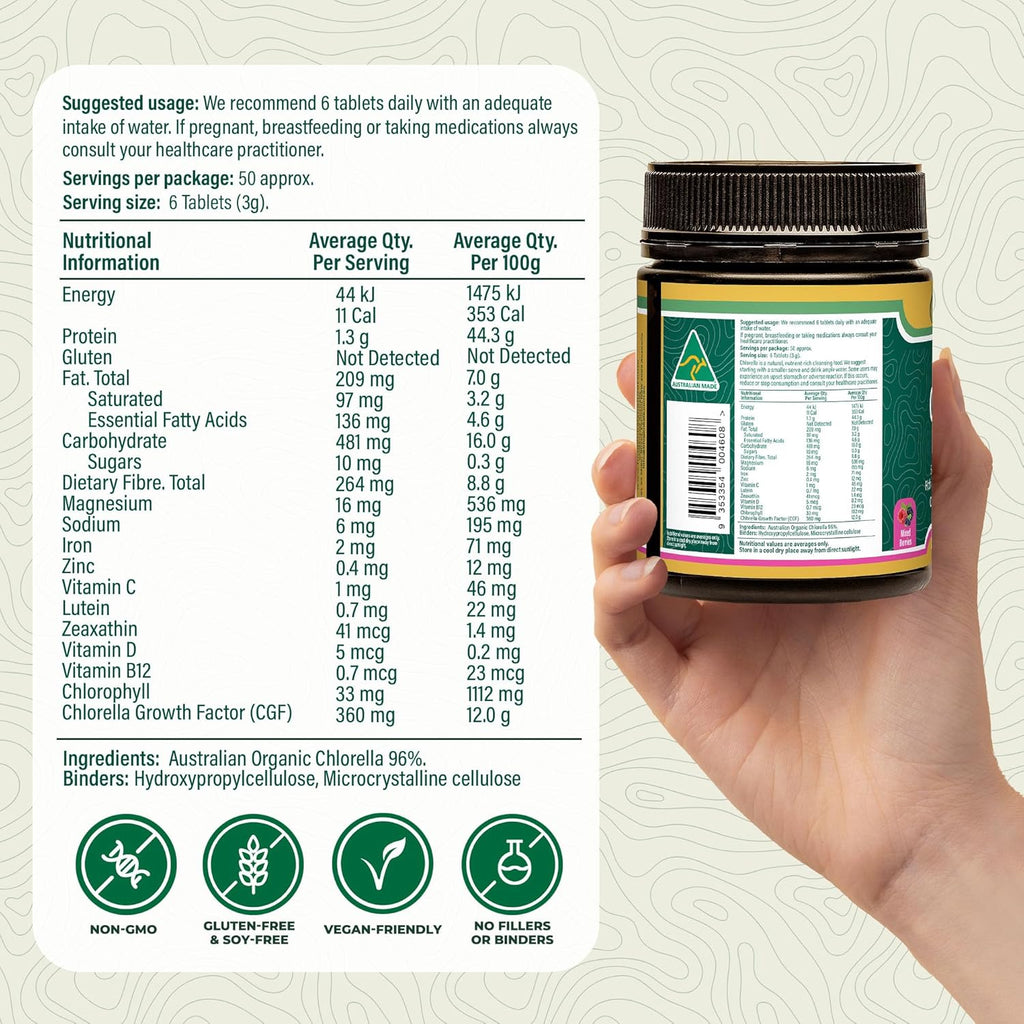 Biogenesis Organic Chlorella Tablets – 300 Count (500mg) Mixed Berries | Australian Grown | BioDynamic Cracked Cell Wall | Rich in Chlorophyll, Vitamins & Minerals | Immunity | Vegan Tablets