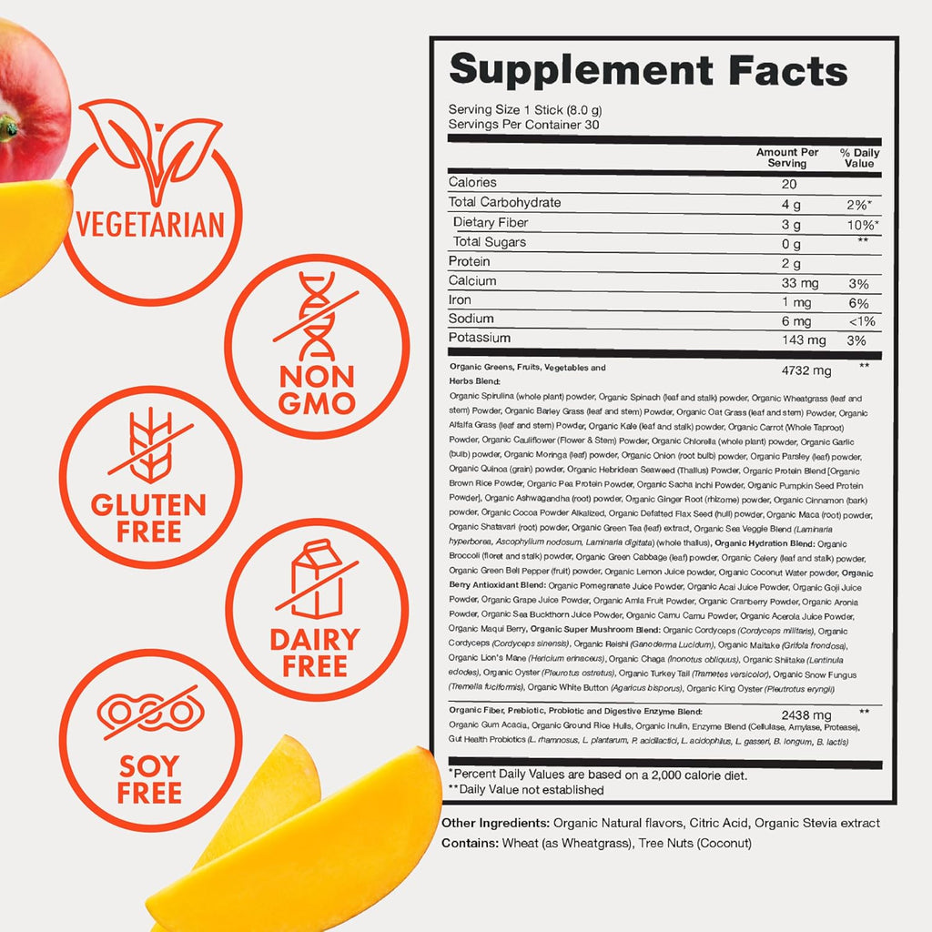 Zena Nutrition Organic Super Greens Powder, 70+ Superfoods, 0 Sugar, 3G Fiber, Spirulina, Chlorella, Mushrooms, Prebiotics/Probiotics, Digestive Enzymes for Gut Health, Mango, 30 Drink Mix Packets