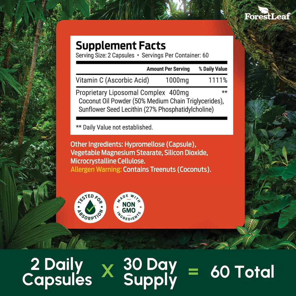 ForestLeaf Liposomal Vitamin C 1000mg Capsules | High Dose Vitamin C Liposomal Supplement w Coconut Oil Fatty Acids | Fast Absorption | Immune Support, Antioxidant, Collagen Production | 120 Vegan Cap