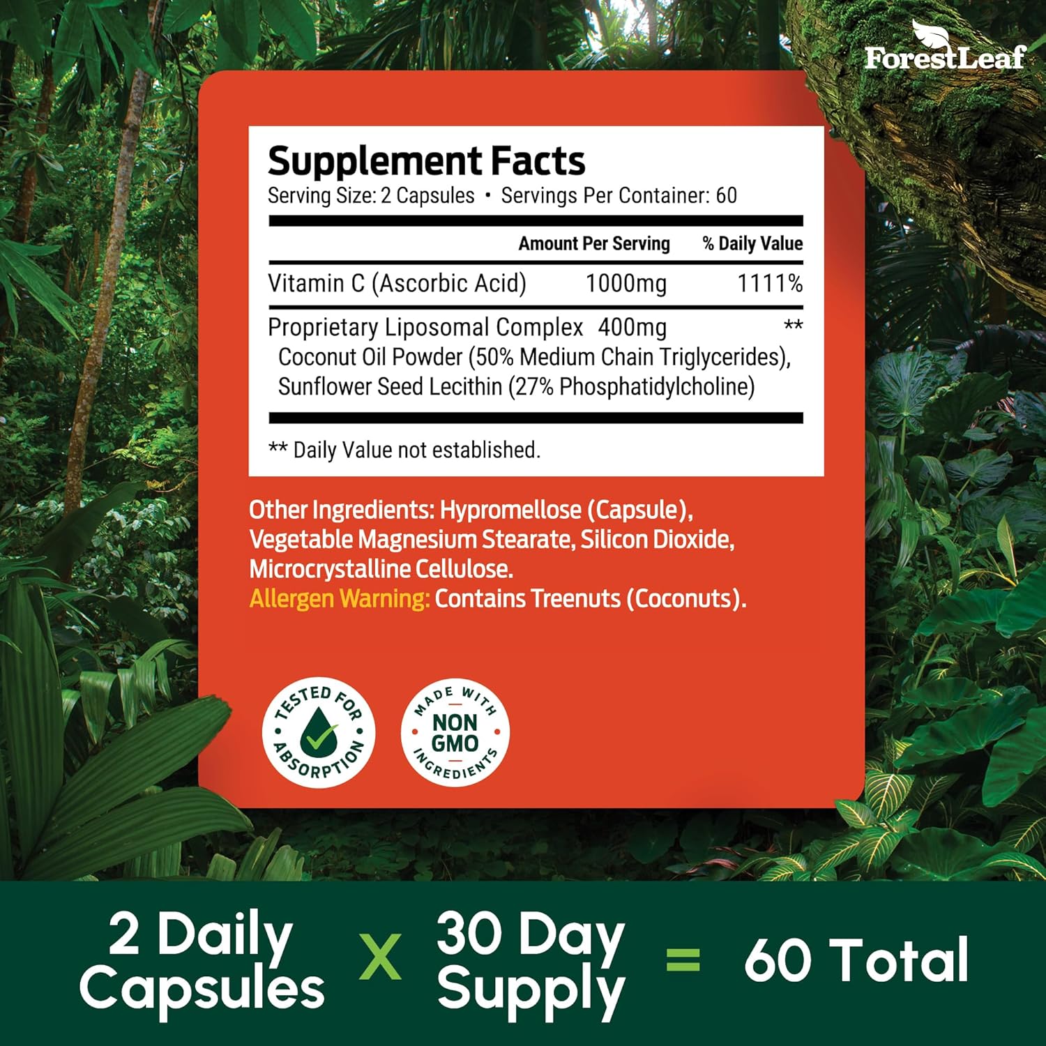 ForestLeaf Liposomal Vitamin C 1000mg Capsules | High Dose Vitamin C Liposomal Supplement w Coconut Oil Fatty Acids | Fast Absorption | Immune Support, Antioxidant, Collagen Production | 120 Vegan Cap